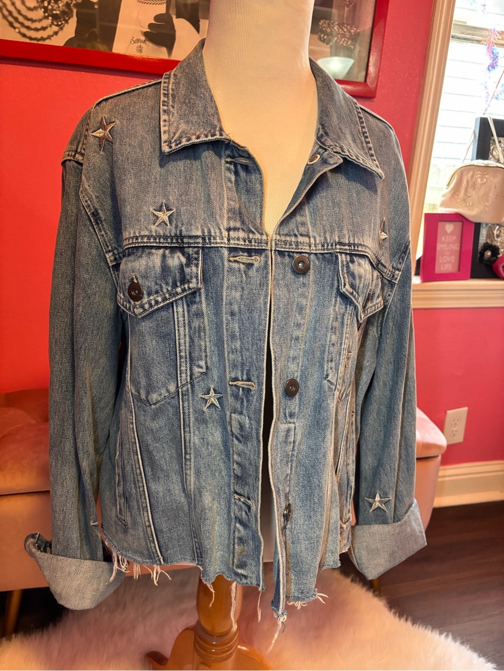 Pistola Silver Embroidered Star-Accent Denim Jacket Large